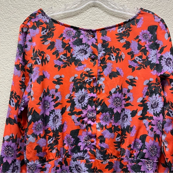 FREE PEOPLE Parker Floral Print Long Sleeve Boho Mini Dress Orange Sz 12 - Picture 9 of 13
